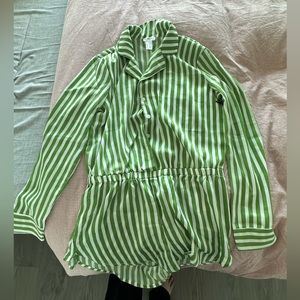 forever21 green/white long sleeve shirt style romper